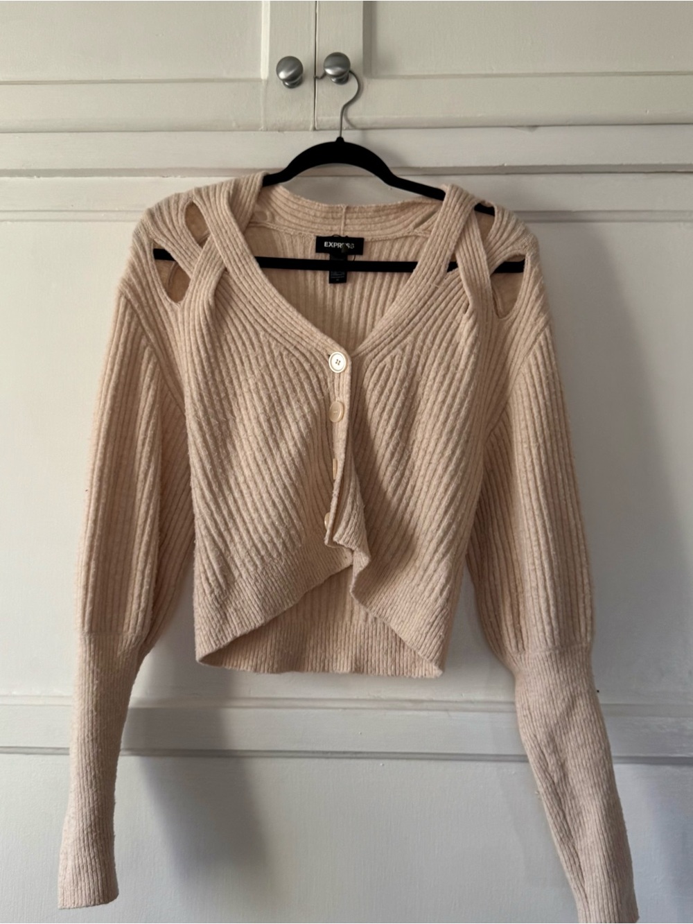 Express Cream Ribbed Cutout Shoulder Cardigan - Picture 2 of 4